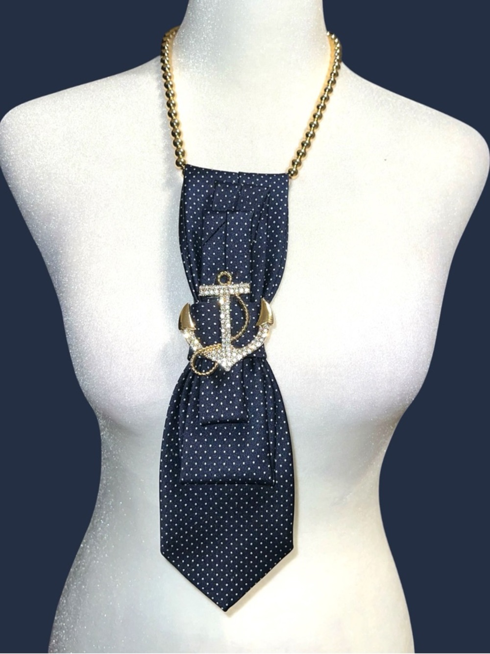Gold Anchor Tie Necklace with Navy Polka Dot Tie